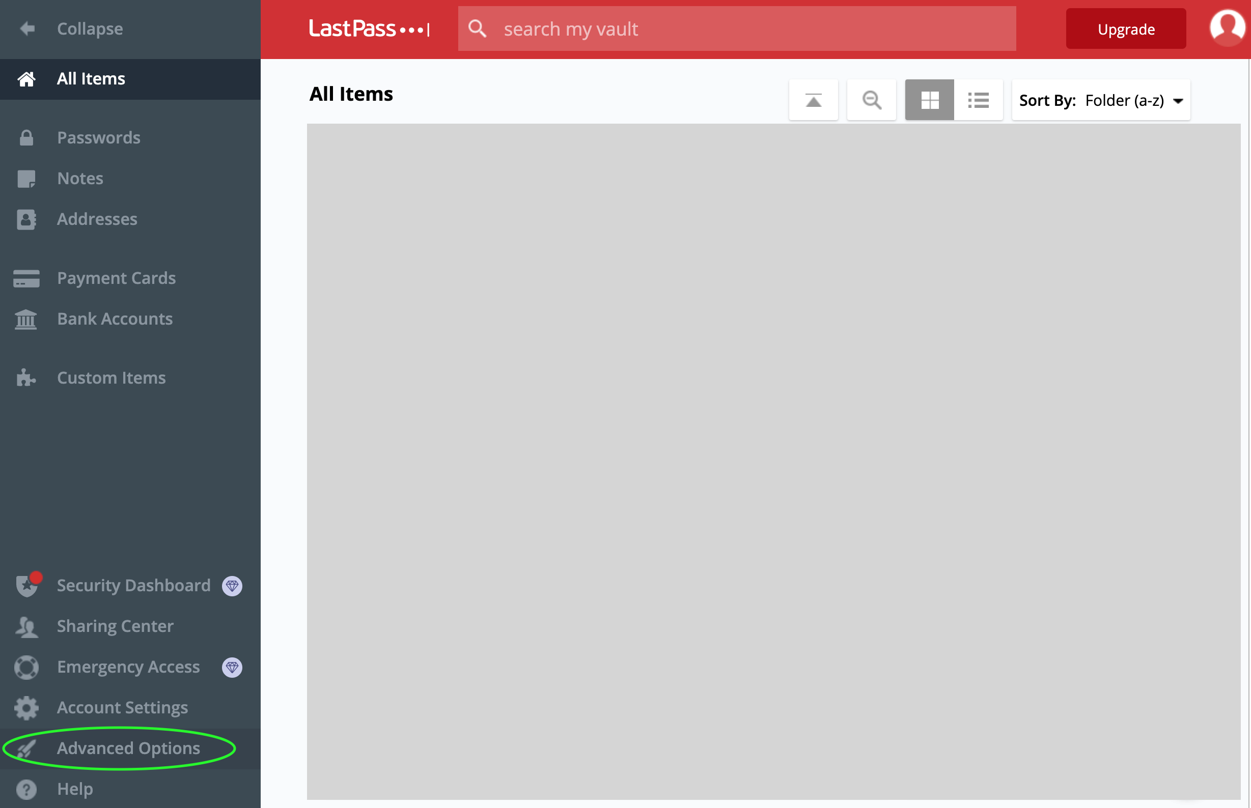 LastPass interface showing the left navigation bar open and 'Advanced Options' highlighted