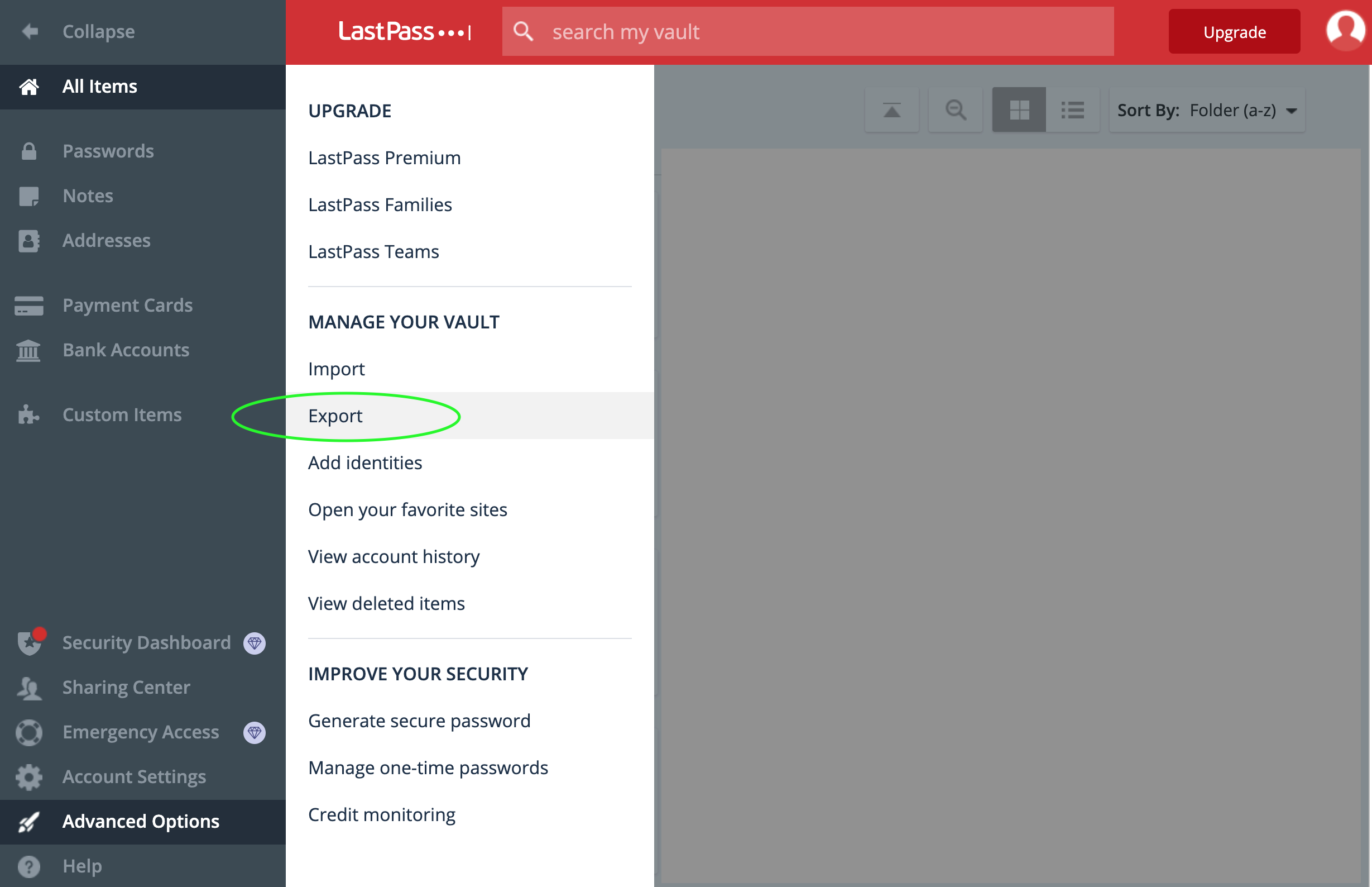 LastPass interface showing the left navigation bar open and 'Export' highlighted