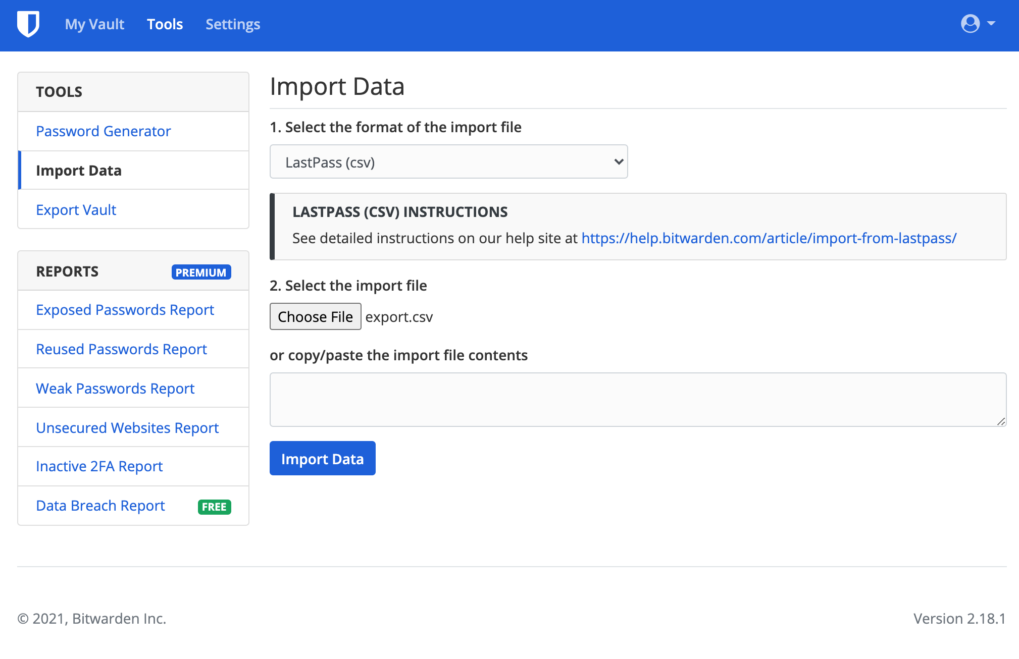 Bitwarden interface showing the 'Tools' section open and 'Import Data' highlighted