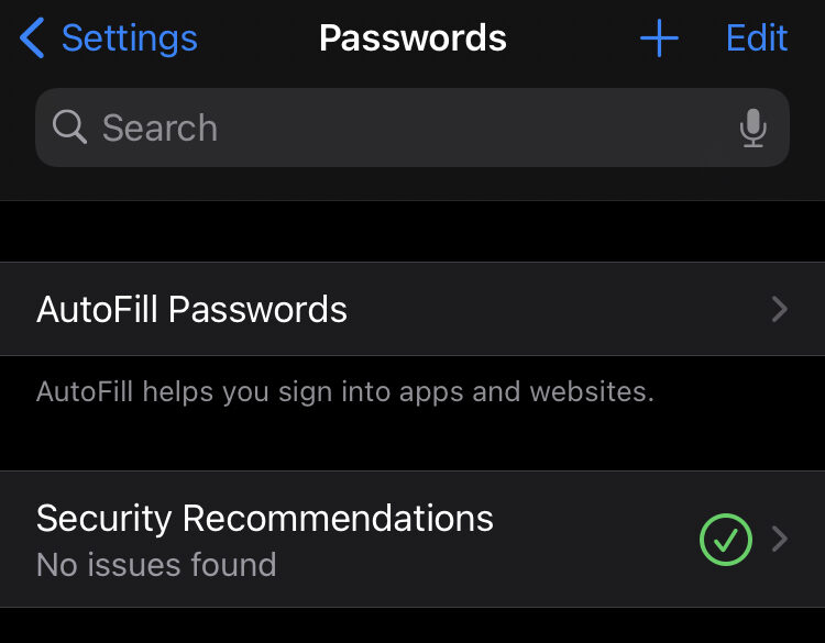 iOS Passwords menu