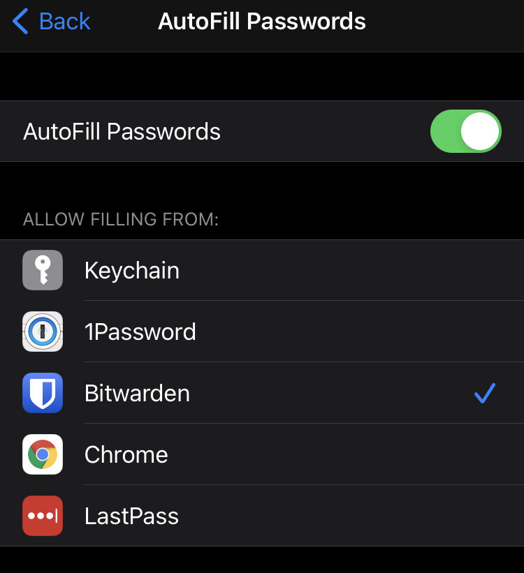 iOS AutoFill Passwords menu with Bitwarden selected